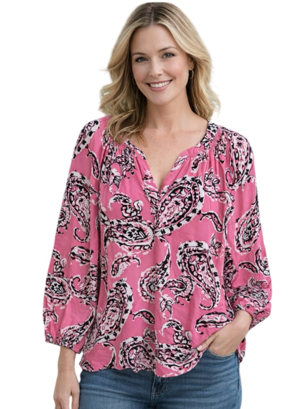 Crown & Ivy Pink Paisley Peasant Top Large V-Neck Blouse L
T
